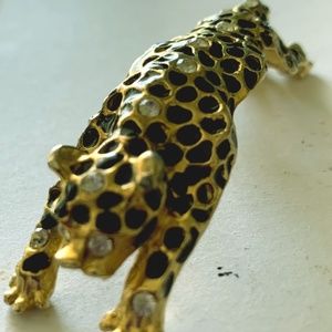 Shoulder Brooch Leopard Rhinestones Black Enamel